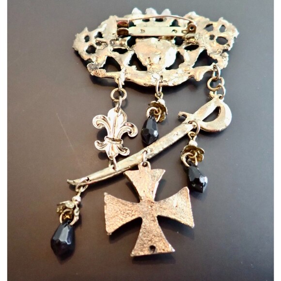 Edwardian Coat of Arms Hanging Fluer de Lei Sward Jet Cross Bead Brooch C Catch - Picture 11 of 12